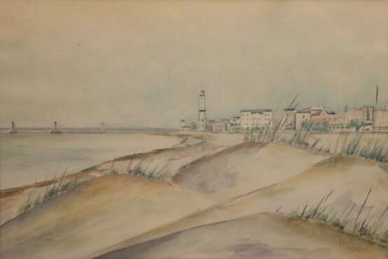 Tschirch, Egon (1889 Rostock-1948 Rostock) "Warnemünde mit Leuchtturm und Mole", Aquarell, sign. u.r., 24x35 cm, hinter Glas und Rahmen (eigenes Atelier in Rostock, Studienreisen nach Südfrankreich und Nordafri… - фото 1