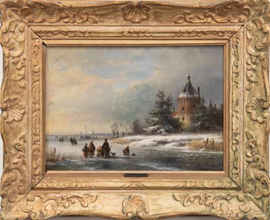 Shelfhout, Andreas (1787 Den Haag-1870 ebenda) "Holländische Winterlandschaft mit Personen auf einem zugefrorenen Kanal", Öl/ Holz, u.l. wohl Restsignatur, Altersspuren und kl. Retuschen linksseitig, 27x36,5 cm… - фото 1