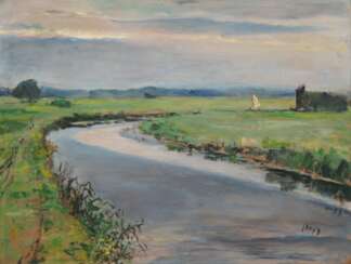 Huys, Bernhard (1896 Oesede-1973 Worpswede) &amp;quot;Torfkähne auf der Hamme&amp;quot;, Öl/ Karton, sign. u.r., 50,5x64,5 cm, Rahmen