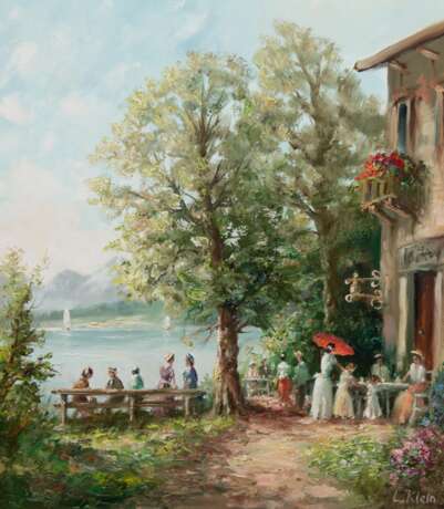 Klein, L. (Deutscher Maler 20. Jh.) "Gartencafe am See", Öl/ Lw., sign. u.r., 71x60 cm, Rahmen - Foto 1