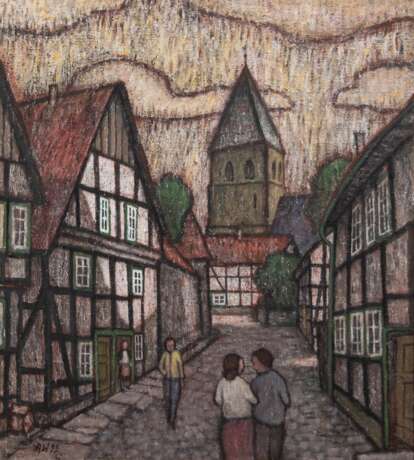 Wein, Aloys (1907 Braunsberg-1998 Bad Sassendorf) "Passanten in der Altstadt von Soest", Öl/ Lw., monogr. "AW" u.l. und dat. ´92, 75x65 cm, Rahmen - photo 1