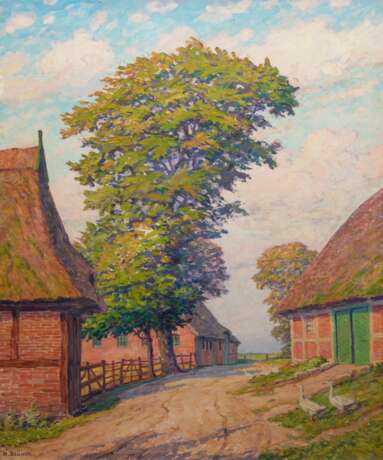 Blunck, Heinrich (1891 Kiel-1963 Heikendorf) "Fachwerkhäuser unter Herbstbäumen", Öl/ Lw., sign. u.l., rückseitig betitelt und WVZ 357, 114x90 cm, Rahmen - Foto 1