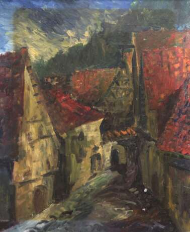 Bach, Reinhold (1880 Tübingen-1950 Nürnberg) "Stadtgasse", Öl/ Karton, sign. mittig unten, 49,5x40,5 cm, Rahmen (Bach lebte und arbeitete in München, nach 1923 in Nürnberg, wo er Mitglied der Nürnberger Künstle… - photo 1