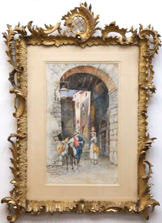 Pavesi, Pietro (1844 Pavia-1907 Asso, Lombardei) "Begegnung am Stadttor", Aquarell/ Karton, sign. u.l. und dat. 1898, 51x30 cm, im Passepartout hinter Glas und Prunkrahmen im Rokoko-Stil (Pavesi war ein virtuos… - фото 1