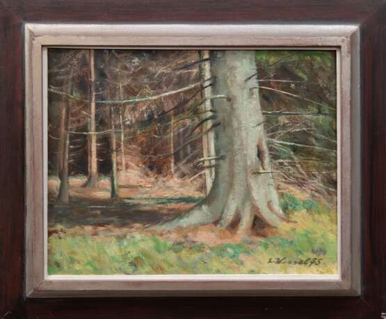 Wessel, Erich (1906 Hamburg-1985 ebenda) "Waldstudie", Öl/ Lw., sign. u.r. und dat. ´75, 24x30 cm, Rahmen ( E.Wessel war ein Hamburger Landschafts- und Porträtmaler, der auch Stilleben, Akte und figürliche Kom… - фото 1