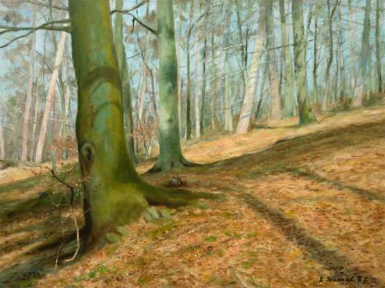 Wessel, Erich (1906 Hamburg-1985 ebenda) "Waldlandschaft im Spessart", Öl/ Hartfaser, sign. u.r., rückseitig betitelt, 54x64,5 cm, Rahmen ( E.Wessel war ein Hamburger Landschafts- und Porträtmaler, der auch St… - photo 1