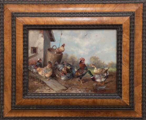 Hänger, Max (1874 München-1955 ebenda) "Hühner und Enten auf dem Bauernhof", Öl/ Holz, sign. u.l., 19,5x25,5 cm, Rahmen - Foto 1