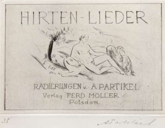 Partikel, Alfred (1888 Goldap-1945 Ahrenshoop) "Frontblatt aus der Mappe Hirten-Lieder", Radierung, handsign. u.r., lfd. Nr. 30, Verlag "Ferd. Möller Potsdam", 7,5x11 cm, im Passepartout hinter Glas u… - photo 1