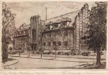 Schultze-Jasmer, Theodor (1888 Oschatz-1975 Prerow) &quot;Rathaus Barth&quot;, Orig. Radierung, bez. und sign.u.r., 9,5x15 cm, hinter Glas und Rahmen (Studium an der Leipziger Kunstakademie, Sommeraufenthalte im Ostseeba…