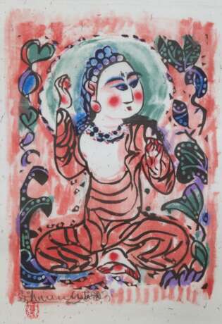 Munakat, Shiko (1903-1975) "Sitzender Buddha", Farbholzschnitt/ Japanpapier, mit Blockstempel, 33,5x31 cm, ungerahmt - Foto 1