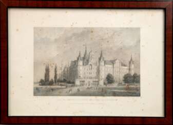 Gottheil, J. &quot;Das Grossherzogliche Schloss in Schwerin&quot;, Grafik, unten mittig bez., stockfleckig, 12,5x19,5 cm, hinter Glas und Rahmen