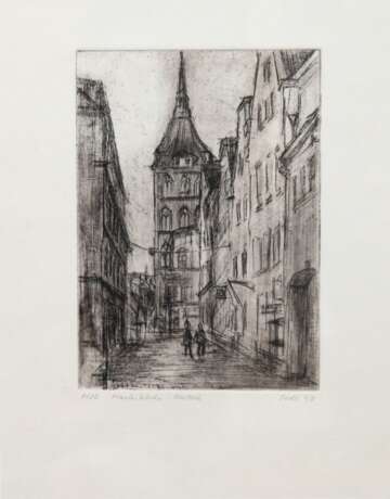 "Marienkirche Rostock", Litho., 8/20, sign. "Sedl" und dat. ´97, 15x9,5 cm, im Passepartout hinter Glas und Rahmen - photo 1