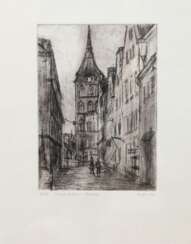 &quot;Marienkirche Rostock&quot;, Litho., 8/20, sign. &quot;Sedl&quot; und dat. ´97, 15x9,5 cm, im Passepartout hinter Glas und Rahmen