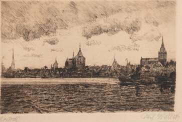 Wallat, Paul (1879 Rostock-1966 Sonderburg) &quot;Rostock&quot;, Radierung, in der Platte sign., mit Bleistift sign. u.r. und u.l. bez., 15x23 cm, hinter Glas und Rahmen