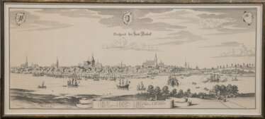 &quot;Prospect der Stadt Rostock&quot;, Nachdruck, 26x66 cm, hinter Glas und Rahmen