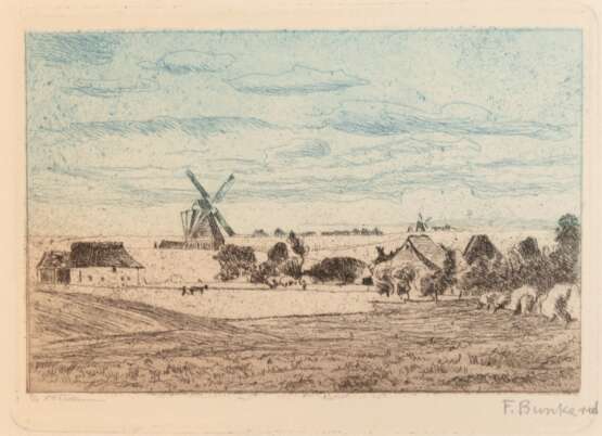 Bunke, Franz (1857 Schwaan-1939 Oberweimar) "Darßer Landschaft mit Mühle", kolorierte Radierung, sign. u.r., 8,5x13 cm, im Passepartout (Studium in Berlin und Weimar, Begründer der Schwaaner Malerkolonie, Lit.:… - photo 1