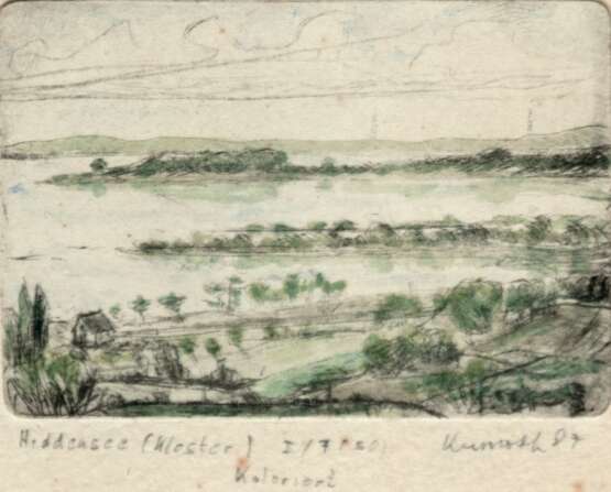 Kuhnert "Hiddensee", kolorierte Grafik, sign. u.r. und dat. ´87, bez. u.l., 4,5x6,5 cm, hinter Glas und Rahmen - Foto 1