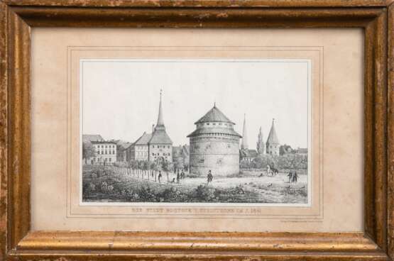 "Die Stadt Rostock vom Steithore im J. 1840", Grafik, Verlag Tiedemannsche Hof Steindruck zu Rostock, 9x14 cm, hinter Glas und Rahmen - photo 1