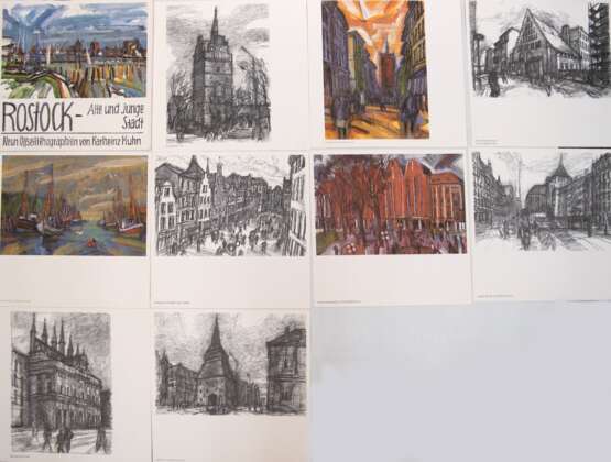 Kuhn, Karlheinz (1930-2001 Rostock) Grafikmappe mit 9 Offset-Lithographien von Rostock,dabei Kröpeliner Tor, Alter Strom in Warnemünde, Lange Straße und Marienkirche u.a., je 22x31 cm (Er war ein deutscher Maler und Graf… - Foto 1