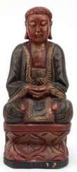 Buddha auf Thron sitzend, um 1970, Holz farbig gefaßt, min. Gebrauchspuren, H. 46 cm