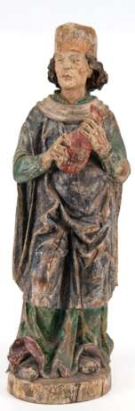 Apostelfigur, wohl 19. Jh, Eiche, vollplastisch geschnitzt, farbig gefasst, altersbedingte Risse, Gebrauchspuren , H. 82 cm - Foto 1