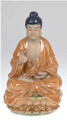 Buddha-Figur &quot;Buddha mit Argumentationsgeste auf doppeltem Lotosthron sitzend&quot;, graue Keramik, z.T. farbig glasiert, H. 31 cm