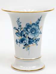 Meissen-Vase, Trompetenform, Blaue Blume mit Goldgräsern und Goldrändern, 1. Wahl, H. 16 cm