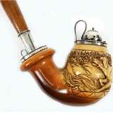 Langstielige Meerschaumpfeife, beschnitzter Kopf "Jagdhund", Silbermontierung mit Meisterpunze, L. 108 cm - Foto 1