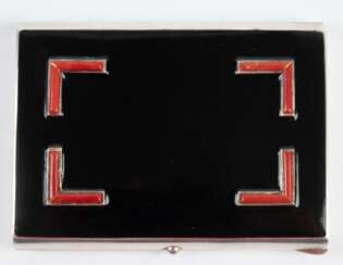 Art Deco- Etui, 925er Silber, Londoner Einfuhrpunze, innen vergoldet, Deckel schwarz emailliert mit rot emailliertem Winkeldekor (1x repariert), Rückseite mit feinem Gitternetzdekor, Ges.-Gew. 105 g, 1,0x8,2x6,0 cm