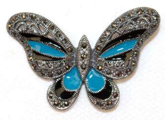 Anhänger &quot;Schmetterling“, 925er Silber, schwarz / blau emailliert, Markasiten, Maße ca. 4,5 x 3,3 cm