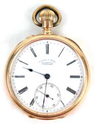 Taschenuhr, A. Lange &amp; Söhne, Glashütte b. Dresden, Open Face, 750er Gold, mit Originalpapieren, Nr. 25640, rückseitiger Deckel mit feinem Netzdekor und verschlungenem Monogramm, min. gedellt, Zifferblatt mit römisch…