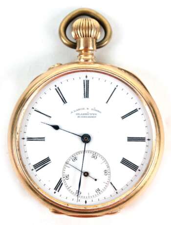 Taschenuhr, A. Lange & Söhne, Glashütte b. Dresden, Open Face, 750er Gold, mit Originalpapieren, Nr. 25640, rückseitiger Deckel mit feinem Netzdekor und verschlungenem Monogramm, min. gedellt, Zifferblatt mit römisch… - фото 1