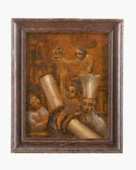 Emmanuel Mane-Katz (1894-1962) - attributed Oil study of rabbi with his scholars carring the scrolls oil on paper laid down on wood described on the reverse framed