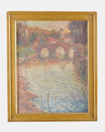 Village by a river oil on canvas signed and dated 1905 lower left framed - photo 1