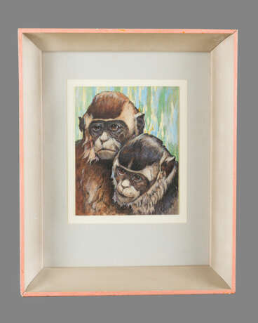 Adolf Beyer (1869-1953 ).Two monkeys Indian ink and watercolour on paper in passepartout framed under glass - photo 1