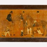 Sporting panel with three horse riders and dogs coloured wood partly painted and polished damages around 1900 - фото 1