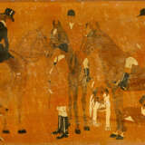 Sporting panel with three horse riders and dogs coloured wood partly painted and polished damages around 1900 - photo 2