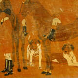 Sporting panel with three horse riders and dogs coloured wood partly painted and polished damages around 1900 - Foto 3