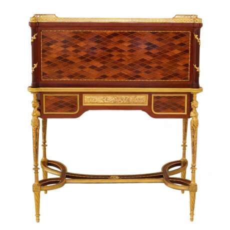 E.KAHN. Magnifique bureau cylindrique en acajou et bois satin&eacute; avec bronze dor&eacute;. Mahogany and Gilded bronze mercury 19th century - Foto 9