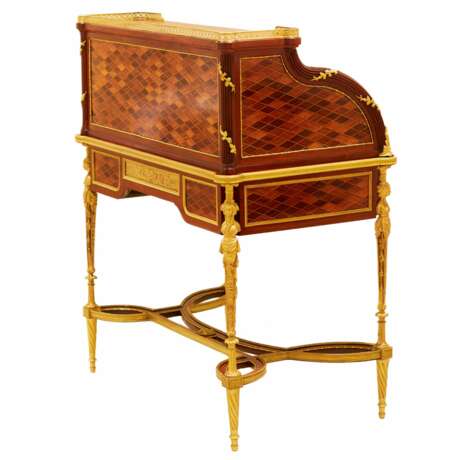 E.KAHN. Magnifique bureau cylindrique en acajou et bois satin&eacute; avec bronze dor&eacute;. Mahogany and Gilded bronze mercury 19th century - photo 10