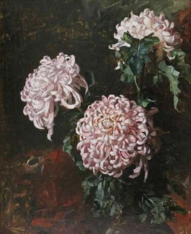 Julius Klever Fils de tr&egrave;fle. Nature morte de chrysanth&egrave;mes. 1920 oil on cardboard realism 20th century - Foto 2