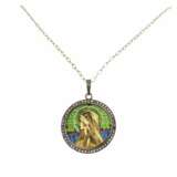 An elegant gold pendant on a chain with Our Lady on stained glass enamel in an antique case. Enamel 20th century - photo 1