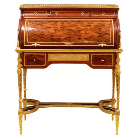 E.KAHN. A magnificent cylindrical bureau in mahogany and satin wood with gilt bronze. Mahogany and Gilded bronze mercury 19th century - photo 1