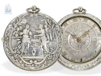 Taschenuhr: museale, deutsche Doppelgehäuse-Spindeluhr mit Repoussé-Gehäuse, Michael Brosy Friedberg, um 1700