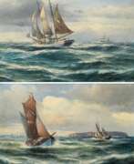 Collections. 2 Hanken, Willy (1866-1953) „Fischerewer HF31 (Maria) vor Helgoland“ 1913 (Schiff ist seit 1958 Exponat des Deutschen Museums in München) und „Segler ELBE3 in bewegter See&quot;, Öl/Malpappe, u. sign./1x dat., 19,5x28cm …