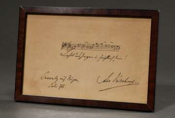 Brahms, Johannes (1833-1897) Autograph mit Noten &quot;Lasst uns singen u. fröhlich sein&quot;, u. sign./dat./bez. &quot;Sassnitz auf Rügen, Juli 76&quot;, verso Klebeetikett &quot;Kunsthandlung Langhagen &amp; Harnisch/…