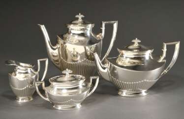 4 Teile Kaffee-Tee-Service mit Rillendekor im Queen Ann Stil und eckigen Handhaben, Silber 925, 1718g, H. 10,8-22,5cm