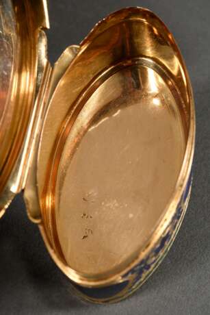 Ovale französische Gold Schnupftabakdose mit feinem allseitigem Guilloché Emaille in blauen und grünen Blattranken auf gravierter Rahmung, innen 3fach unleserlich punziert, Paris um 1770/1780, 100,9g, 3x7,4x4,2cm, in Ori… - photo 5