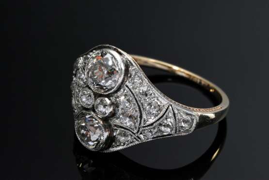 Feiner platinierter Gelbgold 585 Art Deco Ring mit Altschliffdiamanten (zus. ca. 1.60ct/VSI-SI/W), 4g, Gr. 56,5 - фото 1