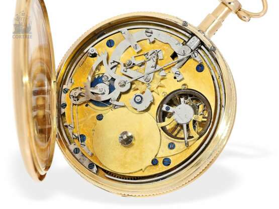 Taschenuhr: besonders schön erhaltene, große französische 18K Gold Taschenuhr mit Repetition und sichtbarem Schlagwerk, Frankreich um 1820 - Foto 2